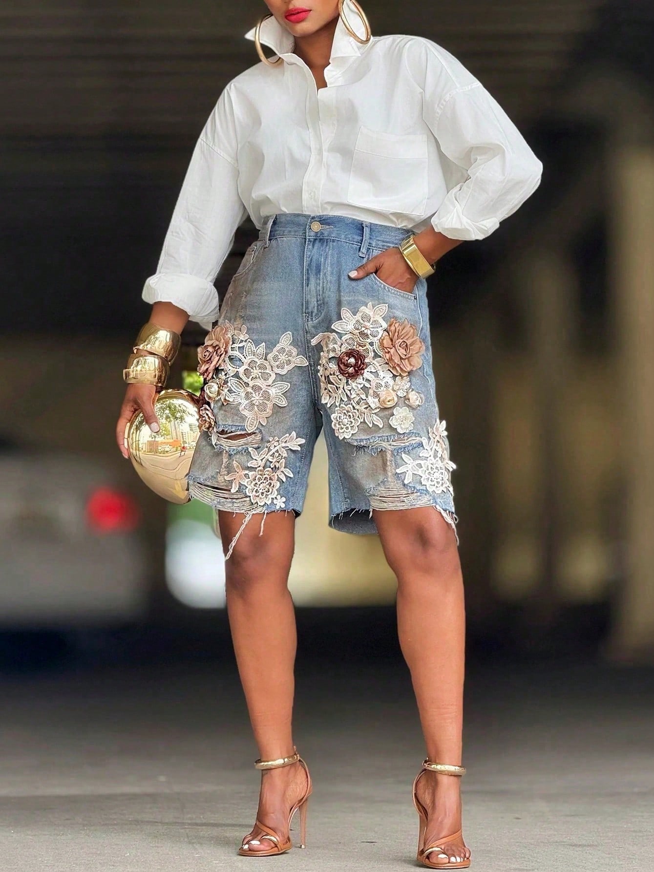 GLOURI Women 3D Floral Appliqu – обзор и цена Shorts Denim Frayed