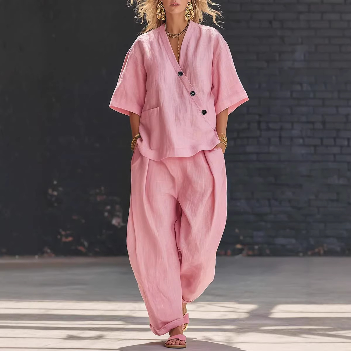 Women’s Two Piece Set Loose V  – обзор и цена Linen Pant Wide